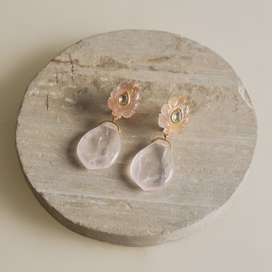 Women Zayn By Sunena Demi Fine Jewellery | Carved Rose Quartz With Polkis Earring