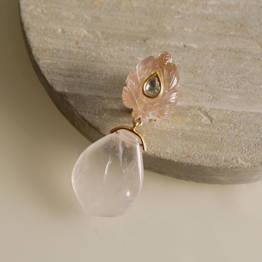 Women Zayn By Sunena Demi Fine Jewellery | Carved Rose Quartz With Polkis Earring