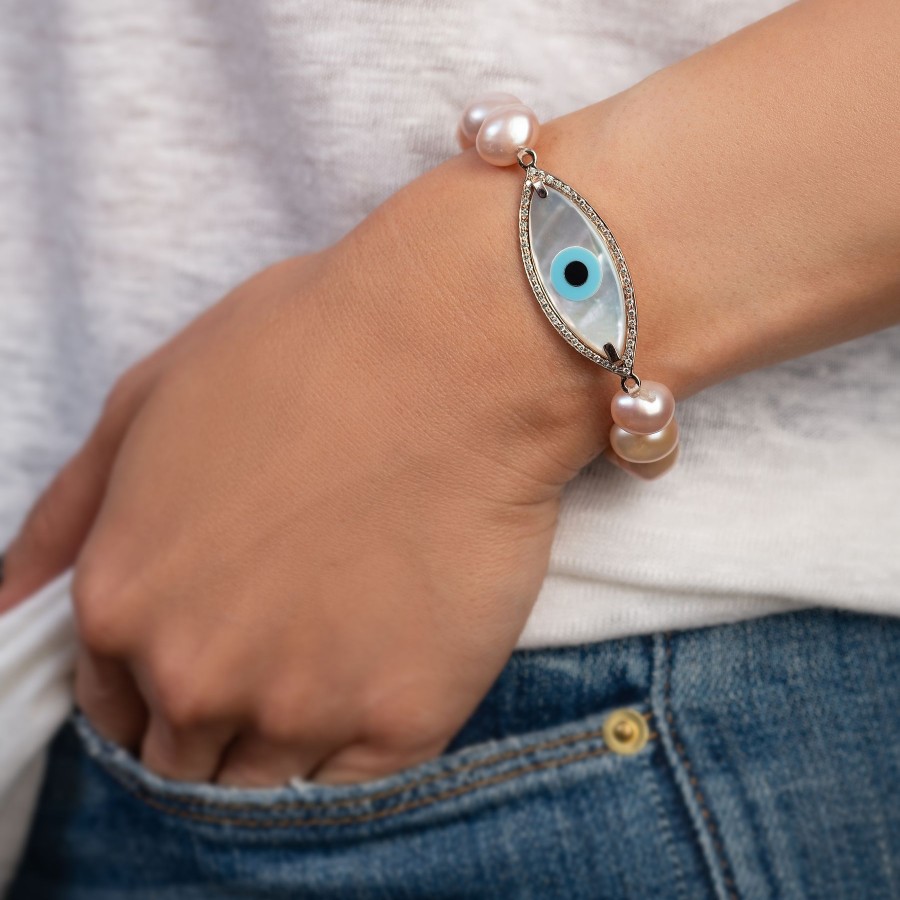 Women KAJ Fine Jewellery Fine Jewellery | Large Marquise Evil Eye Diamond Pearl Bracelet