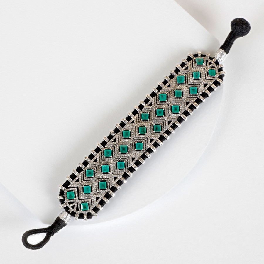 Women Umrao Jewels Fine Jewellery | Black Chord And Emerald Bracelet