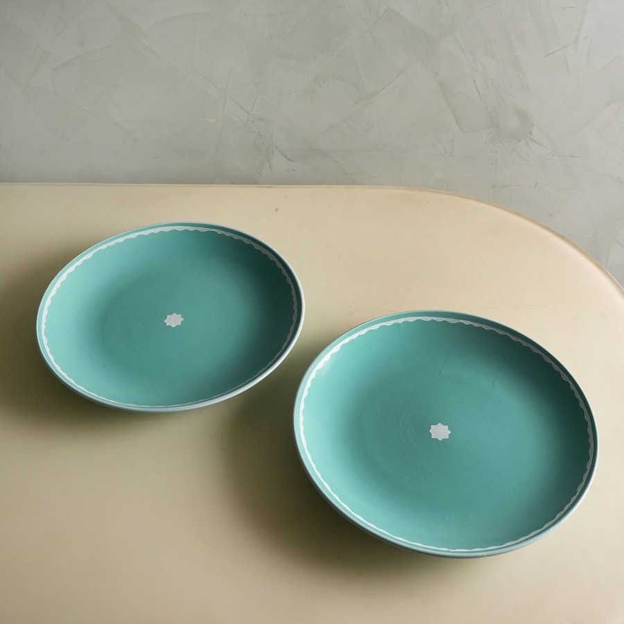 Home Ecru | Teal Star & Border Dinner Plates