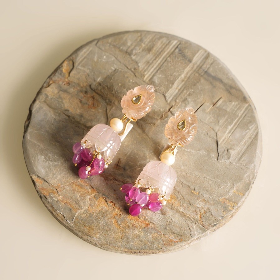 Women Zayn By Sunena Demi Fine Jewellery | Carved Rose Quartz Jhumkas