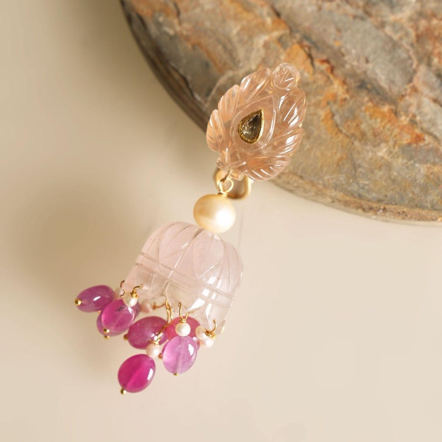 Women Zayn By Sunena Demi Fine Jewellery | Carved Rose Quartz Jhumkas